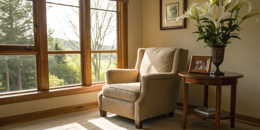A quiet living room, a setting for managing insurance in a deceased person's name.