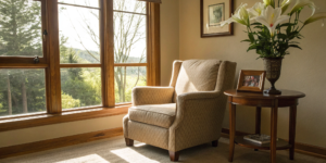 A quiet living room, a setting for managing insurance in a deceased person's name.