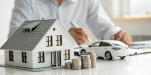 A model house and car with coins showing how much you can save by bundling home and auto insurance.