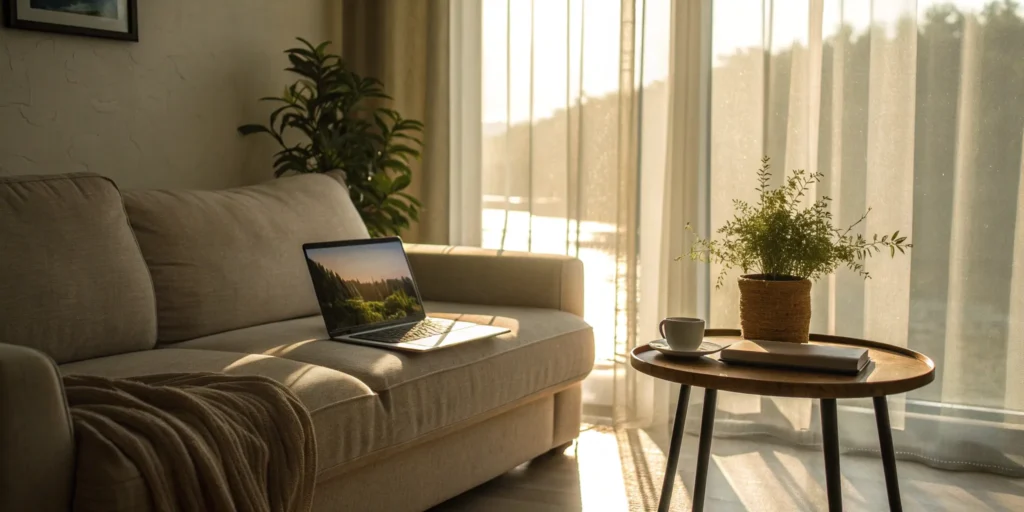 A laptop on a couch in a sunlit apartment, ready to buy renters insurance online.