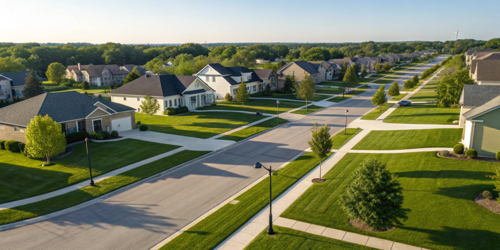Aerial view of homes in a zip code, a key factor for comparing insurance rates.