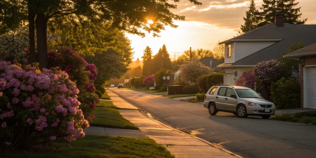 Car parked on a residential street, protected by inexpensive full coverage car insurance.