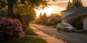 Car parked on a residential street, protected by inexpensive full coverage car insurance.