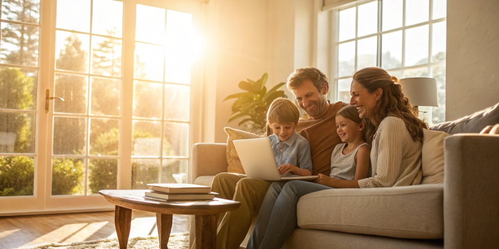 Family getting a free quote for term life insurance on a laptop.