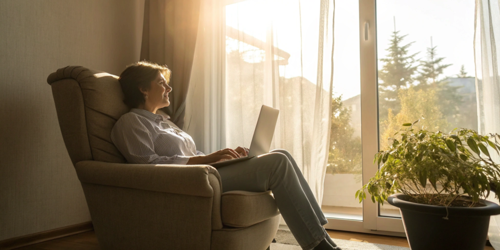 Woman using a laptop searching for term life insurance quotes without phone calls.