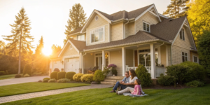 Homeowners relax in front of their house after finding the best insurance quote.