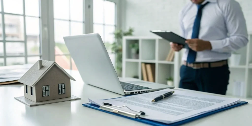 A professional reviewing recommended property damage liability coverage with a model house on a desk.
