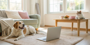 A dog and cat sit beside a laptop showing the pet insurance cost calculator.