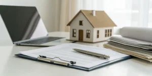 Insurance documents and a house model on a desk, simply explaining insurance terms.
