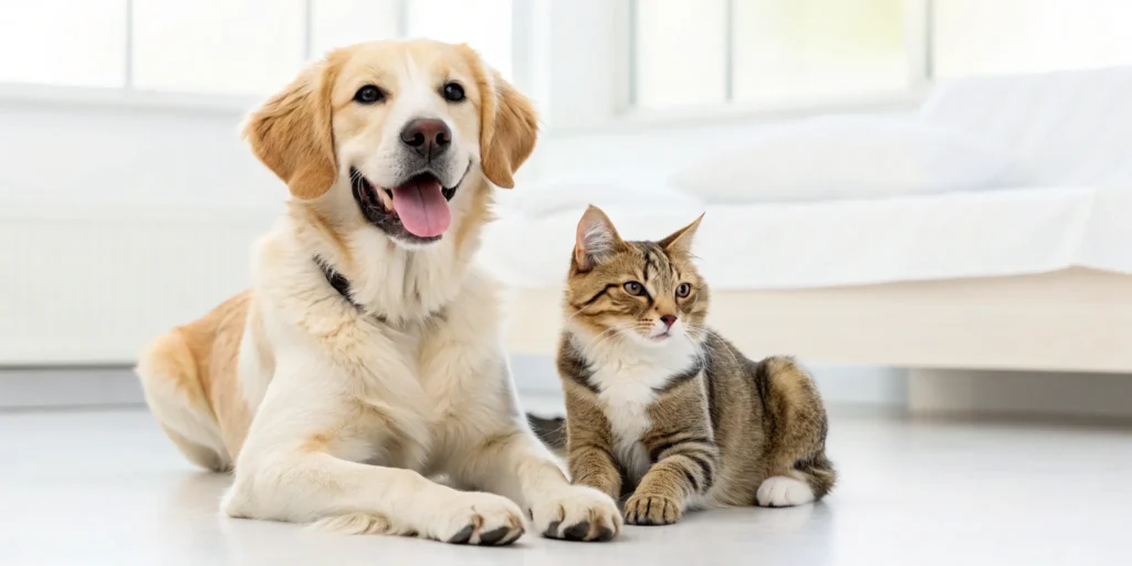 A dog and cat resting peacefully, protected by a pet health insurance plan.