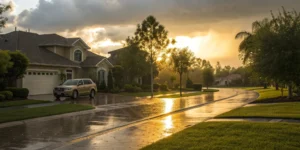 A car parked near homes, highlighting the risk of property damage liability in an accident.