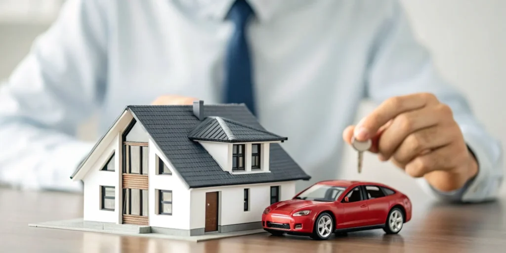 A person holds a key over a model house and car, deciding if it is better to combine home and auto insurance.
