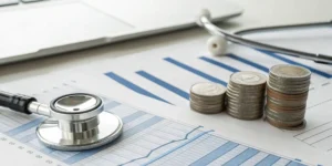 Stethoscope and coins on a financial chart showing the monthly cost of pet health insurance.