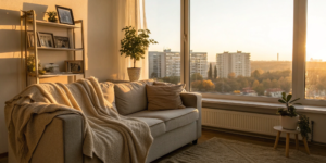Apartment living room with belongings, an example of what a renters insurance policy covers.