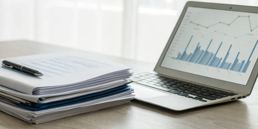 Reviewing employee benefits liability insurance coverage on a laptop with policy documents.