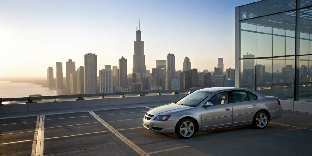 A car overlooking the Chicago skyline while searching for the best car insurance companies in Illinois.