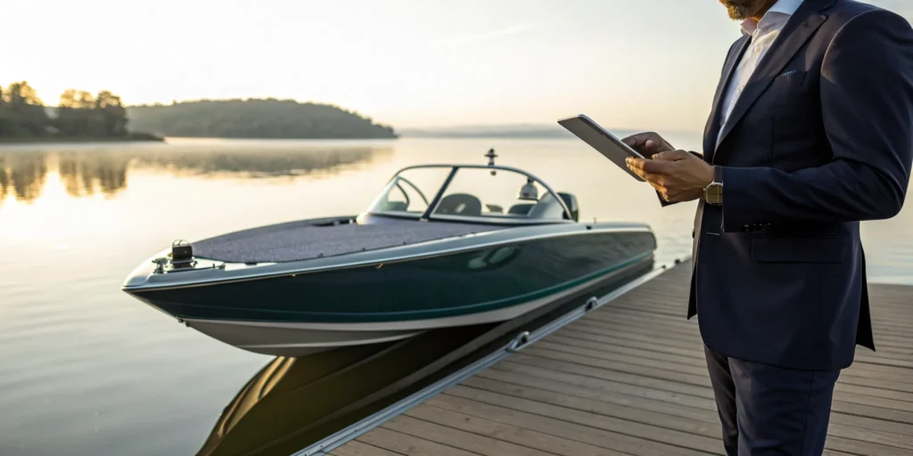 Man on a dock uses a tablet to get a bass boat insurance quote for his boat.