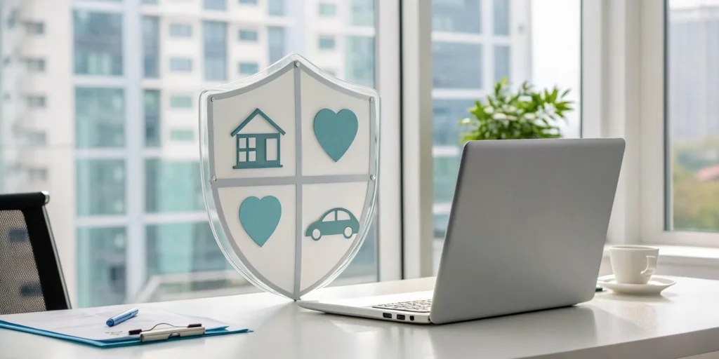 A protective shield over home, auto, and life icons symbolizes the benefits of bundling insurance policies.