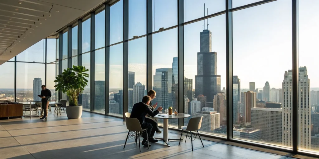 A small business team in an Illinois office reviewing options for the best business insurance.
