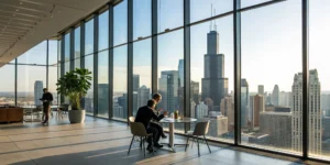 A small business team in an Illinois office reviewing options for the best business insurance.