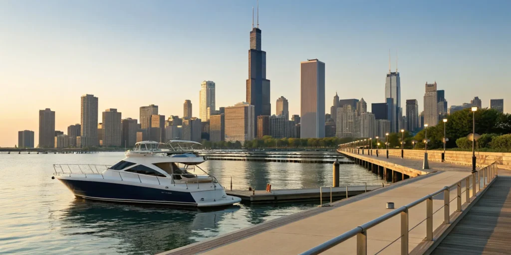 A boat docked on the Chicago waterfront, a common subject of boat insurance in Illinois.