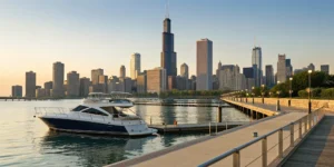 A boat docked on the Chicago waterfront, a common subject of boat insurance in Illinois.