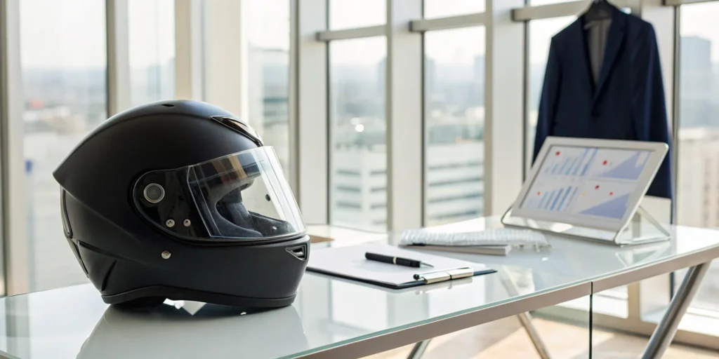 Motorcycle helmet on a desk, used for comparing the best liability only motorcycle insurance quotes.