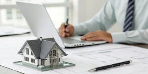 Person using a laptop to get a home insurance quote in Illinois next to a small house model.
