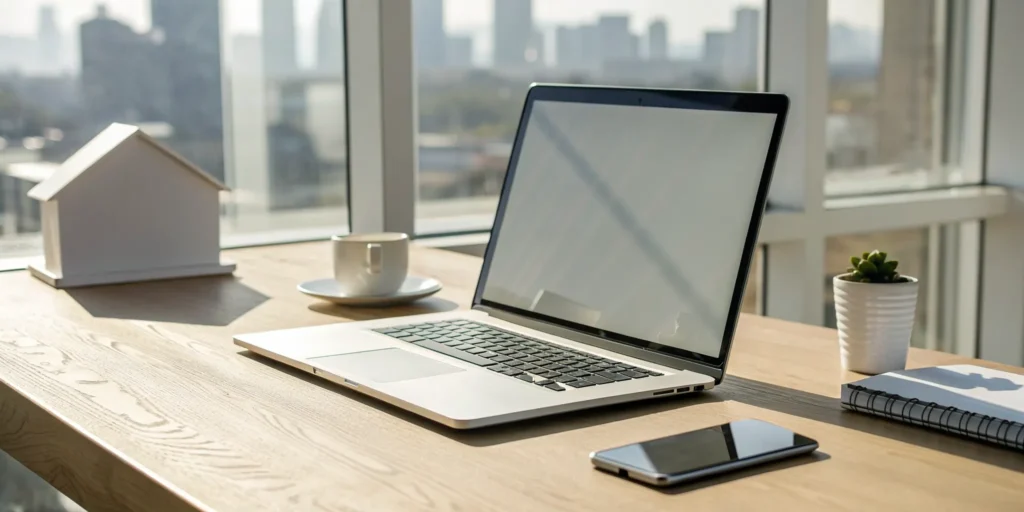 Laptop on a desk for getting an online quote for car and home insurance.