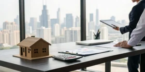 A model home and calculator for determining how much homeowners insurance is in Illinois.