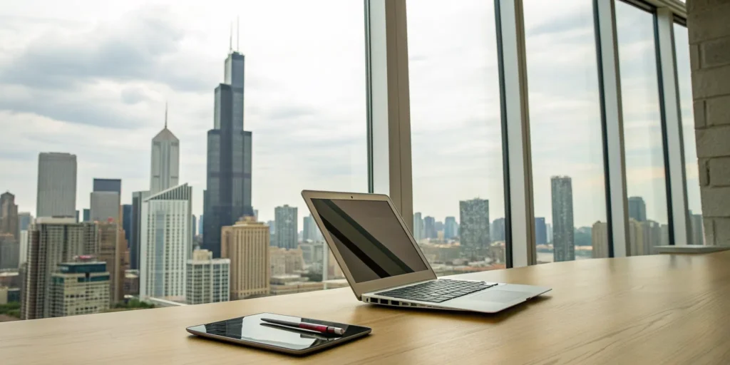 Comparing auto insurance rates in Illinois on a laptop with a view of the Chicago skyline.