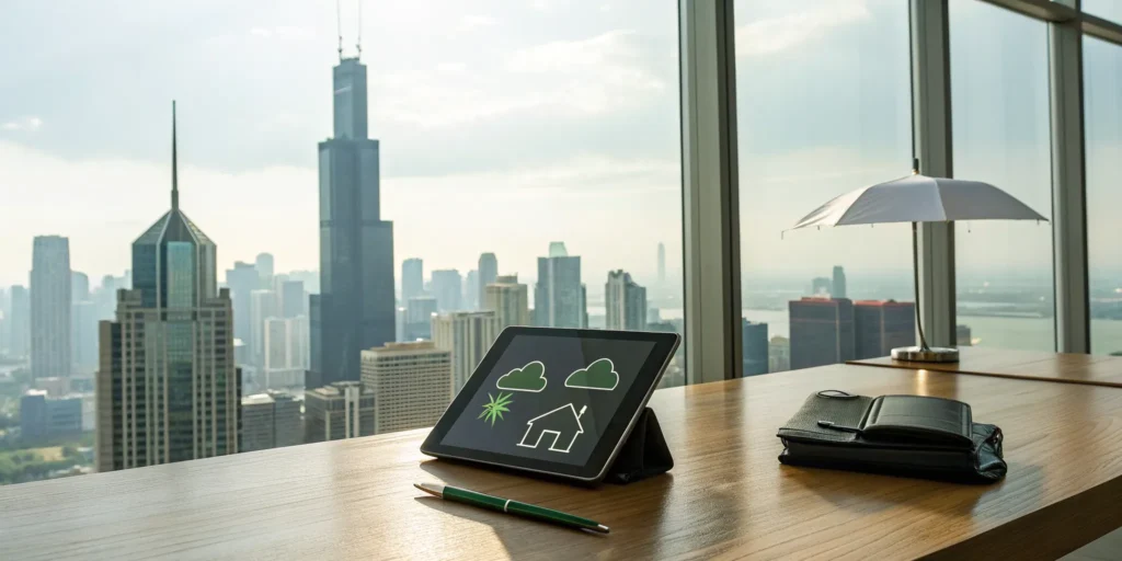 A tablet showing a multi-policy insurance discount with the Illinois skyline in the background.