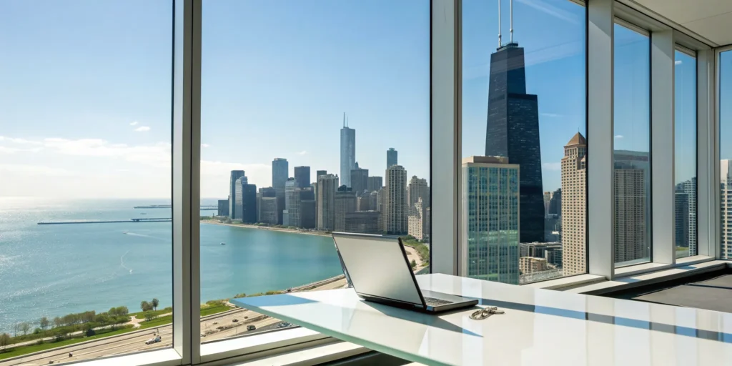 A person getting Illinois condo insurance quotes on a laptop in a modern Chicago high-rise.
