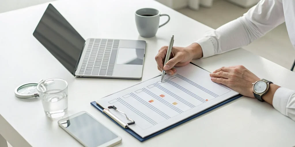 A person at a desk reviewing a sample certificate of insurance.