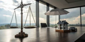 Scales of justice weighing a house, car, and umbrella to decide if personal catastrophe insurance is worth it.