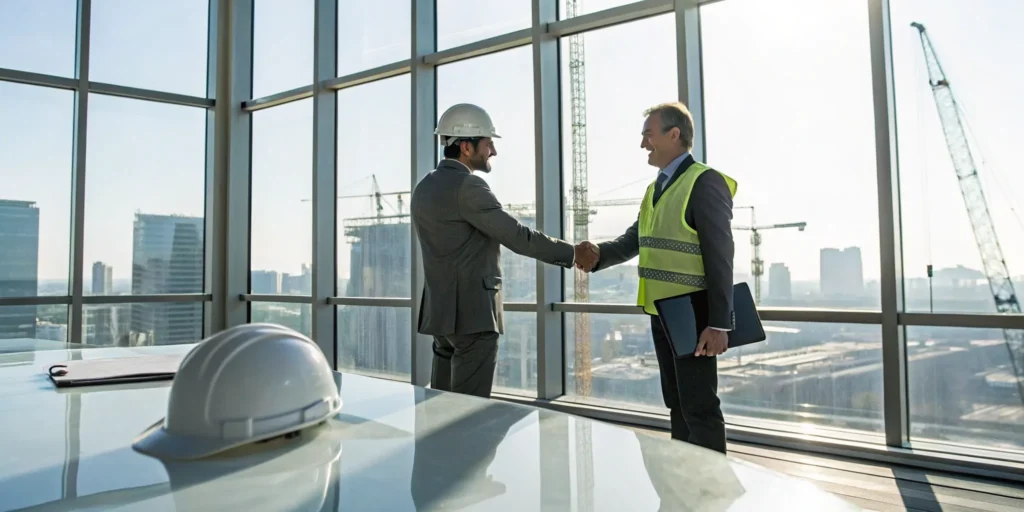 Two independent contractors shaking hands, protected by the best business liability insurance.