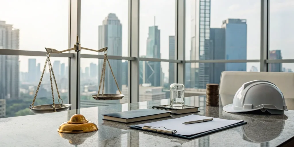 A desk with legal scales weighing the cost of short-term general liability insurance.
