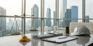 A desk with legal scales weighing the cost of short-term general liability insurance.