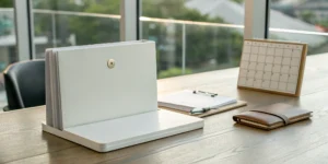 Waiver of premium rider insurance documents and a calendar on an office desk.