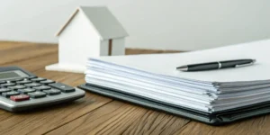 Desk with a house model, calculator, and documents for a guide on what an umbrella policy does not cover.