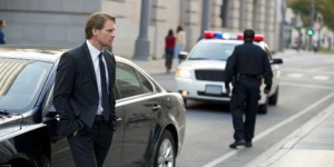 A driver discusses a hit-and-run insurance claim with a police officer by a damaged car.