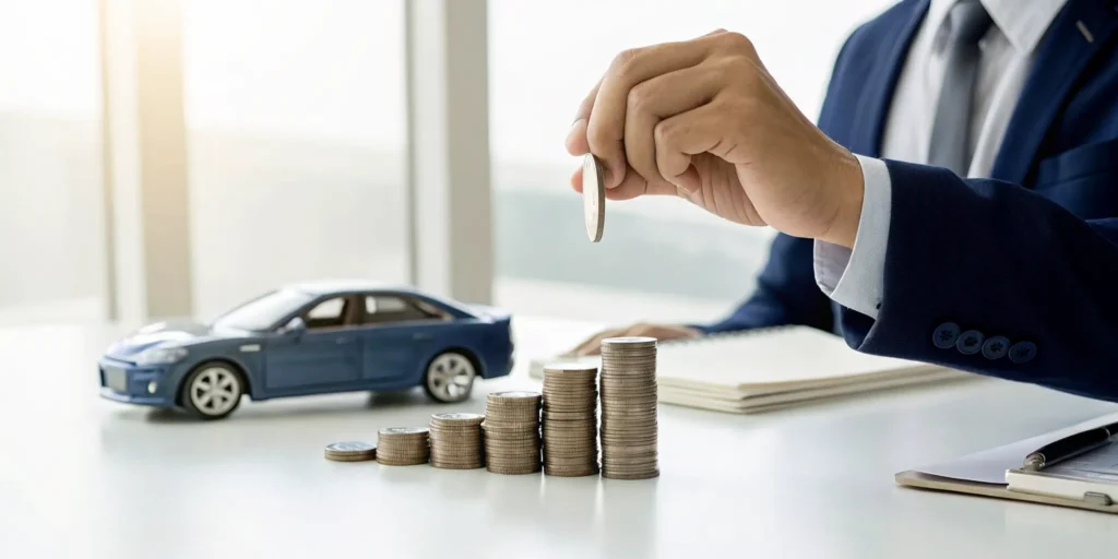 A toy car and a growing stack of coins from applying auto insurance savings tips.