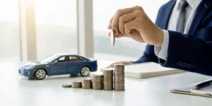 A toy car and a growing stack of coins from applying auto insurance savings tips.