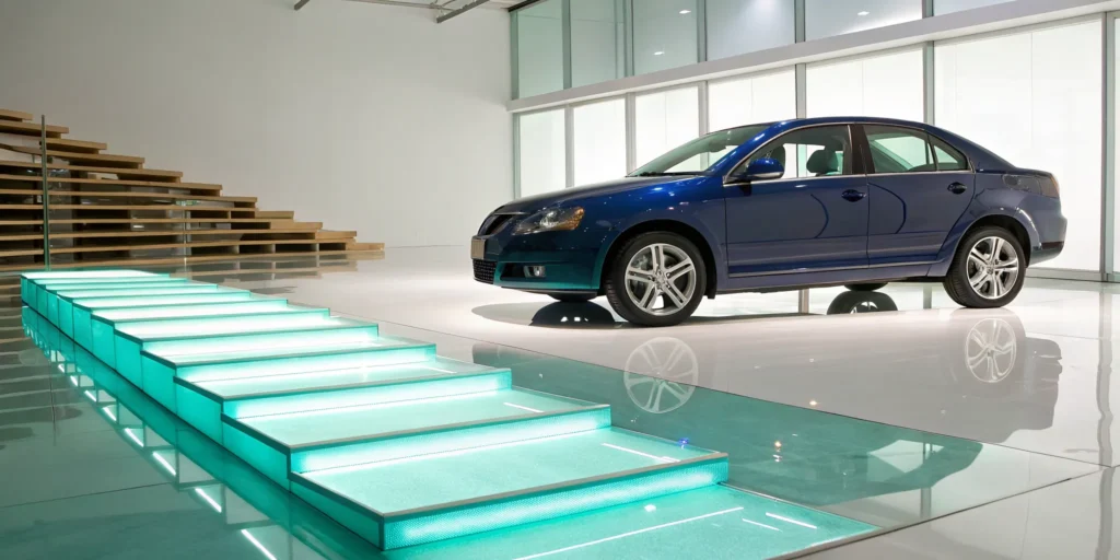 Blue sedan in a showroom, ready for affordable car insurance coverage.