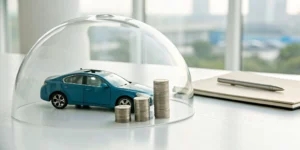 A blue toy car and coins protected under a glass dome for affordable auto insurance options.