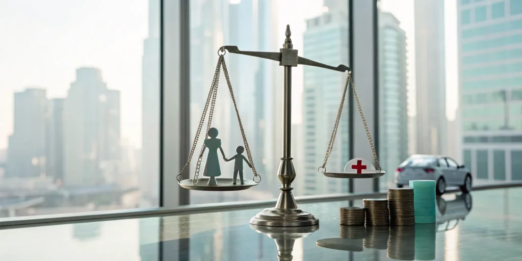 A scale balancing a family's finances against medical costs to determine bodily injury liability limits.