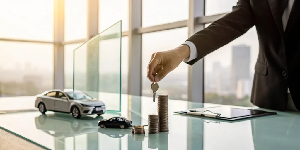 A car key and stacked coins representing the meaning of a car insurance deductible.