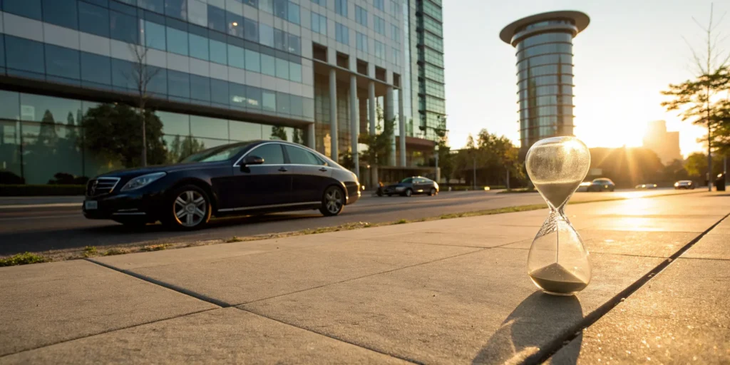 Car insurance grace period concept with an hourglass and a car on a city street.