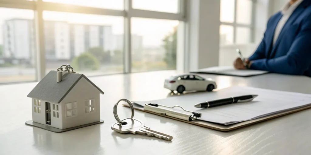 A car model and insurance policy on a desk, determining if insurance does cover rentals.