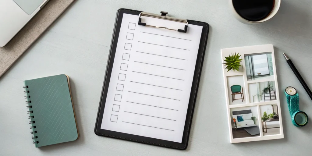 Home inventory checklist template on a clipboard with a pen and notebook.